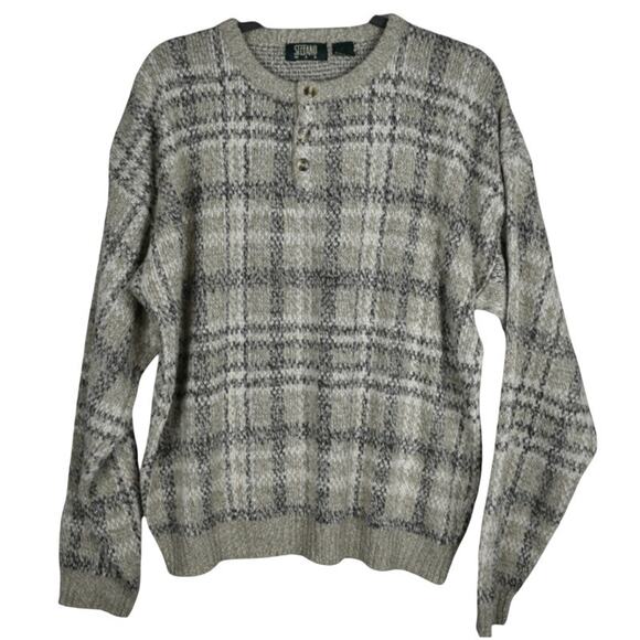 90's vintage beige plaid crew neck button sweater men's sz large preppy grandpa - Picture 1 of 7